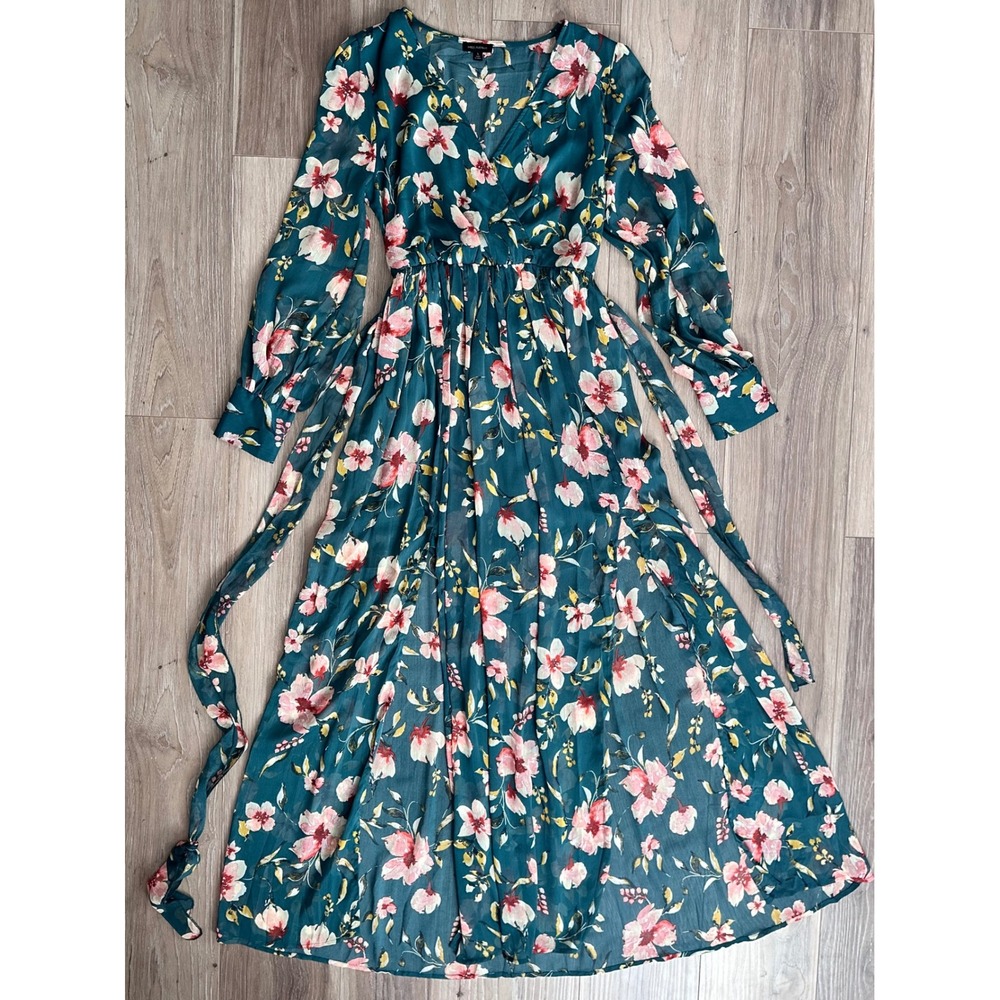 Teal Pink Floral Maxi Dress Sheer Long Sleeve Chiffon L Etherial Garden Romantic